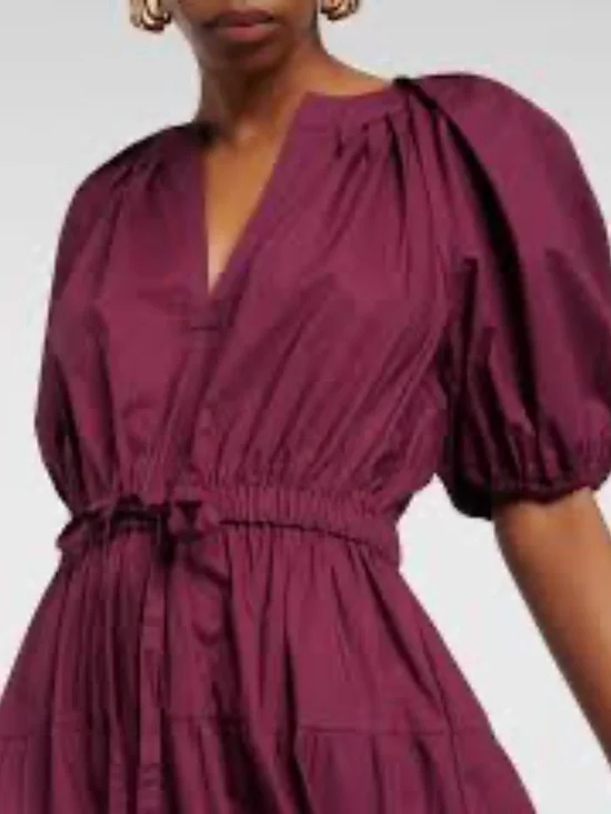 Ulla Johnson Olina Puff-Sleeve Tiered Cotton Poplin Dress Womens 8 Burgundy Boho - Picture 2 of 15